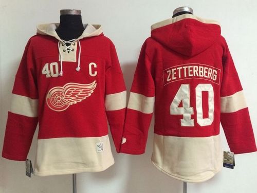 Detroit Red Wings #40 Henrik Zetterberg Red Women's Old Time Lacer NHL Hoodie - Click Image to Close
